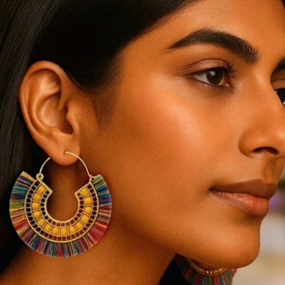 ๐๏ธBoho Chic Rainbow Hoop Earrings Handmade Indian Artisan Statement Jewelry - Picture 11 of 11